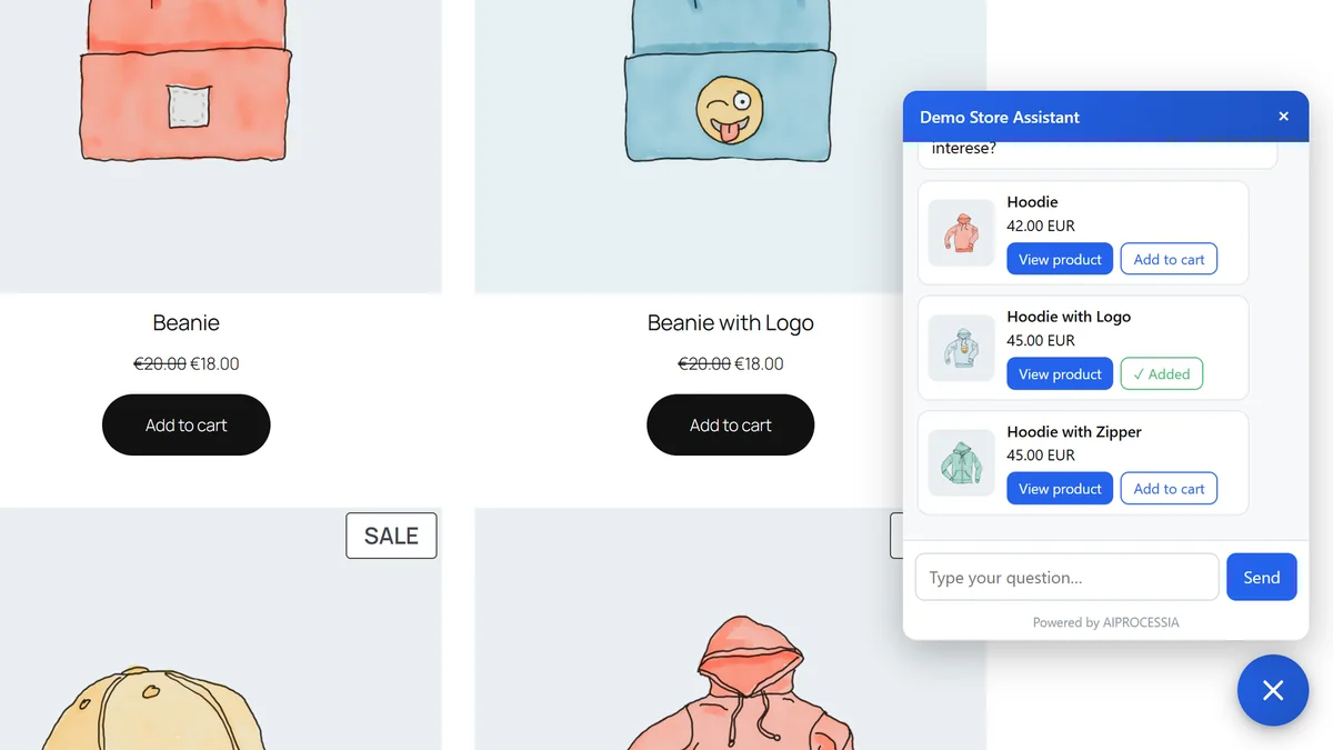 Asistente de IA en una tienda de demostración con WooCommerce: tarjetas de producto con foto y precio, y botones para ver el producto o añadirlo al carrito